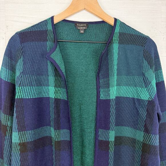 Talbots Pure Merino Wool Cardigan Large Green Tartan Plaid Preppy Open Front - Picture 3 of 15